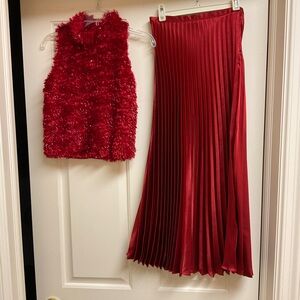 Perry Ellis Red Textured Top and Pleated Skirt Set